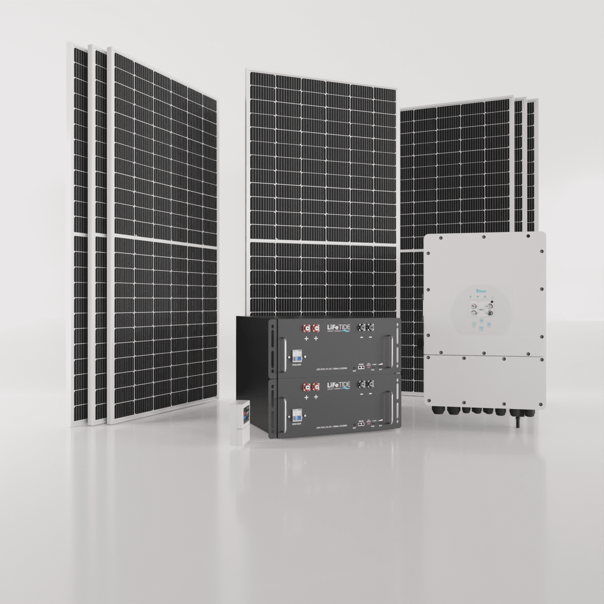 12kW-Deye-Solar-System-5120Wh-LiFePO4-Batteriwa-460W-JA-Solar-Panels Deye 12kW Solar System. 2x 5120Wh Lithium Phospahte Batteries For Solar. LiFePO4. Deye Hybrid Inverter. 7x 460W BiFacial JA Solar Panels. Hybrid Solar System for Sale South Africa.