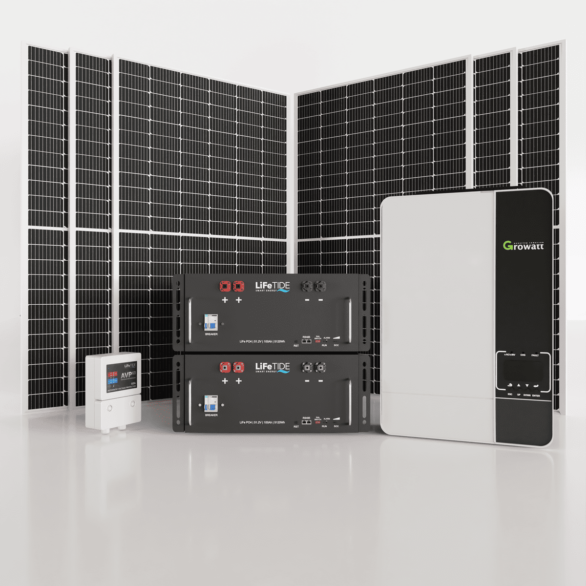 5kw-Growatt-SPF5000-Solar-System-5120Wh-LiFePO4-Batteries-565W-JA-Solar-Panels 5kW Growatt Solar System. 2x 5120Wh Lithium Iron Phosphate Batteries for Solar. Growatt Inverter. 6x 565W BiFacial JA Solar Panels. Solar System for Sale South Africa.
