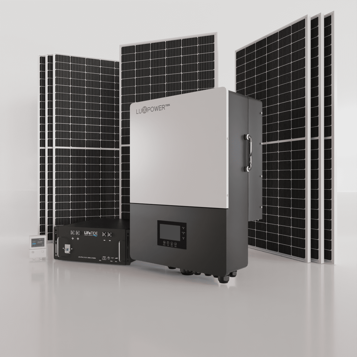 LUXPOWER ONE BAT WITH PANELS460_RIGHT 10kW LuxPower Load Shedding Solution Kit. 5120Wh LiFePO4 Battery for Solar. LuxPower Hybrid Inverter. Hybrid Backup Kit for Sale South Africa.