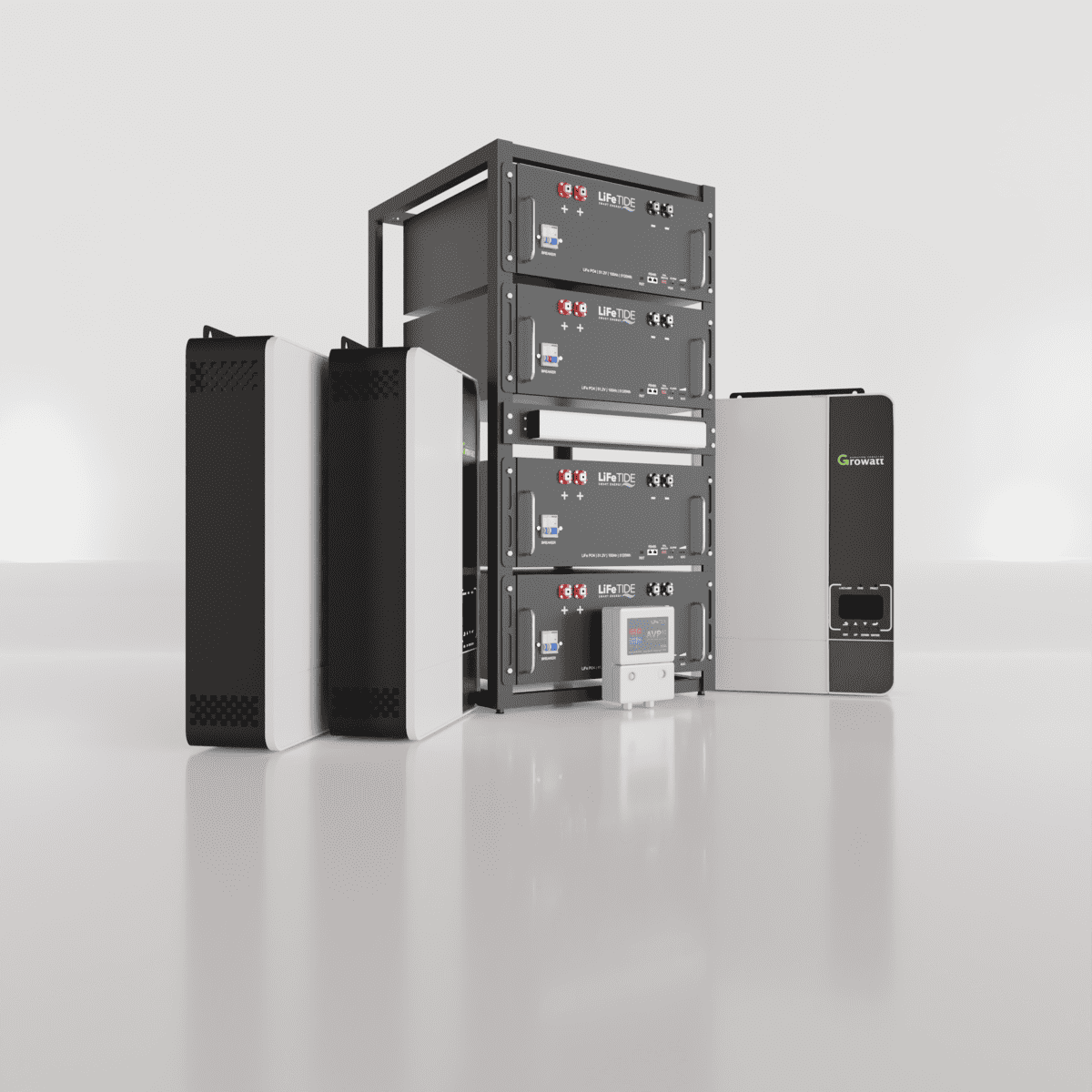 15kw-Growatt Load-Shedding-Solution-lithium-batteries 15kW Growatt Load Shedding Solution with Battery Cabinet. 4x 5120Wh Lithium Batteries. 3x Growatt Inverter for Sale. SPF5000 ES. 4-Slot Battery Cabinet for Solar Battery.
