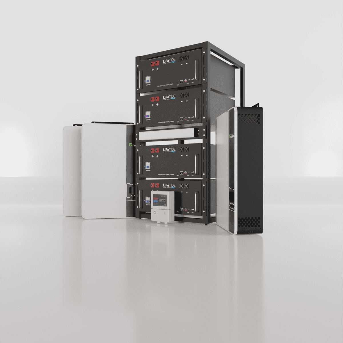 15kw-Growatt-SPF5000-Load-Shedding-Solution 15kW Growatt Load Shedding Kit with Battery Cabinet. 4x 5120Wh LiFePO4 Batteries. 3x Growatt Inverter for Sale. SPF5000 ES. 4-Slot Battery Cabinet for Solar Battery.